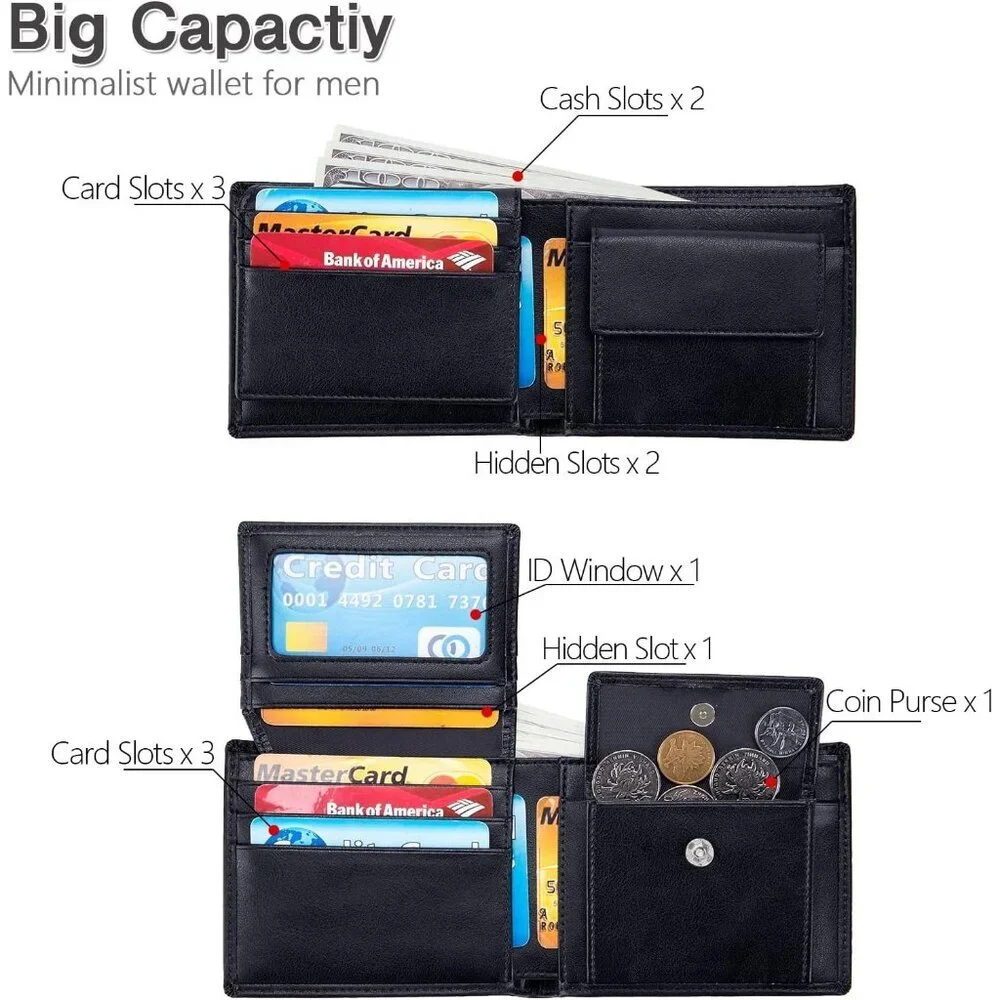 Men's Blue Front Coin Pocket Flip Up Leather Wallet Card Blocking Slim Bifold